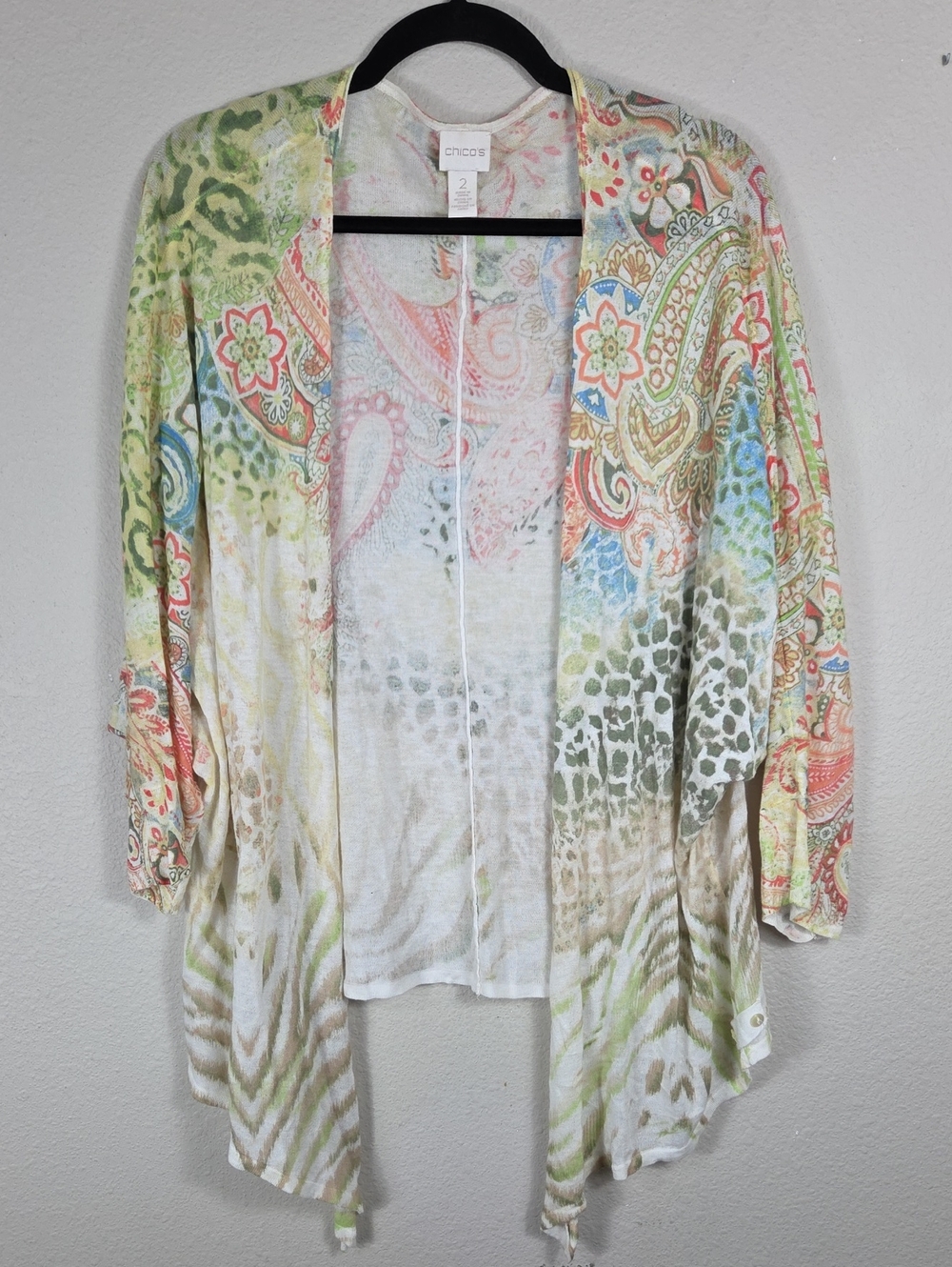 Chico's Kiara Paisley Cardigan Size 2 Large Multicolor Open Front Bohemian